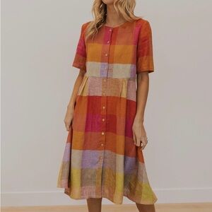 Roolee Linen Button Down Midi Dress in Taste The Rainbow Plaid